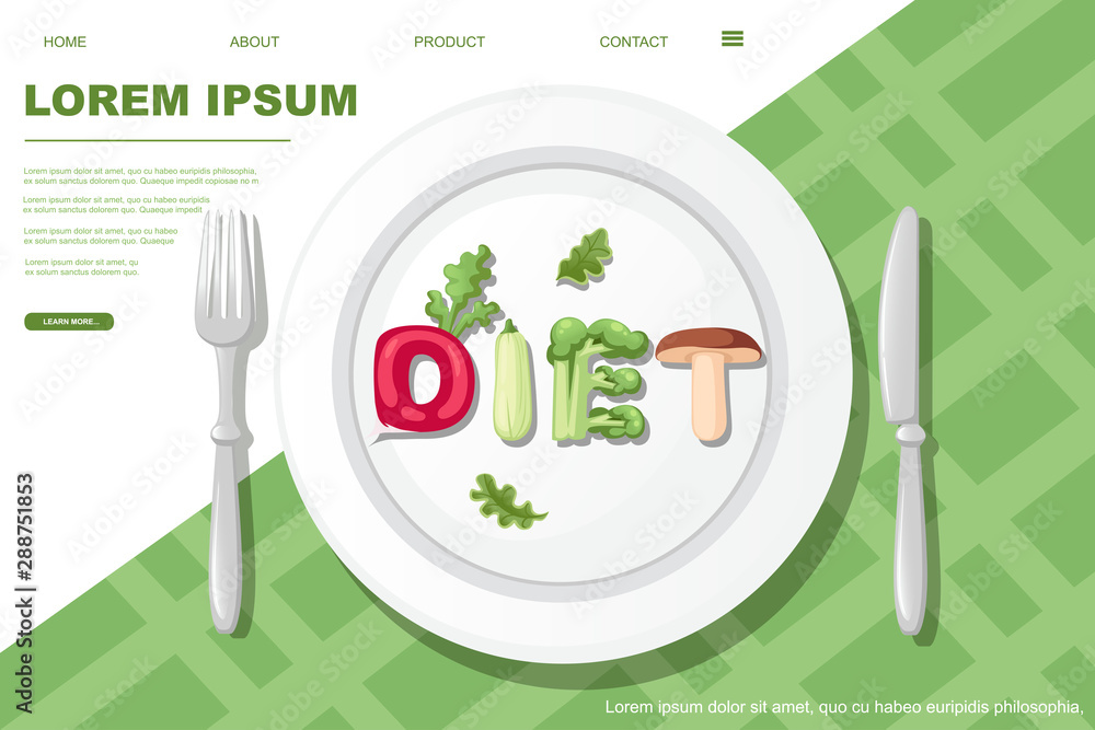 Fototapete diet style cartoon vegetable design on white plate with knife and fork flat vector illustration on w