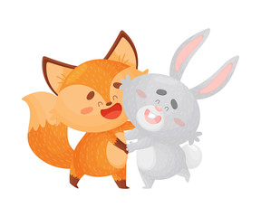 Cute fox and hare are hugging. Vector illustration on a white background.