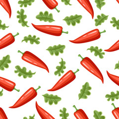 Red hot natural chili pepper pod with green leaves lettuce seamless pattern flat vector illustration on white background