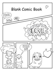 children comic book template, with empty speech bubbles and cute monsters