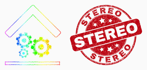 Dotted spectrum engine service garage mosaic pictogram and Stereo seal stamp. Red vector rounded distress seal stamp with Stereo phrase. Vector collage in flat style.