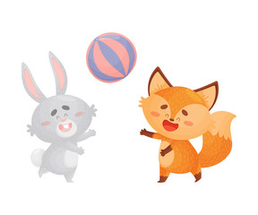 Obraz na płótnie Canvas Cartoon foxes and a hare play a ball. Vector illustration on a white background.