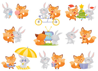 Obraz premium Humanized fox and hare in different situations together. Vector illustration on a white background.