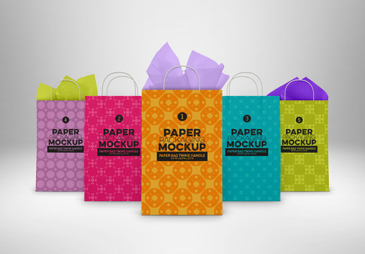 5 Paper Bags with Twine Handles Mockup