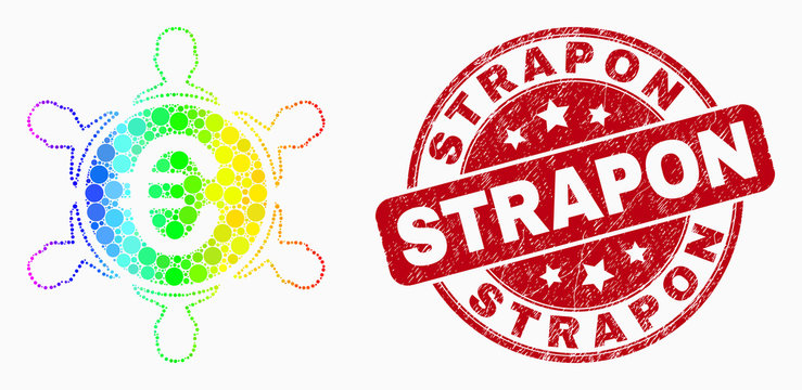 Pixelated bright spectral euro people company mosaic icon and Strapon seal. Red vector round textured seal stamp with Strapon text. Vector composition in flat style.