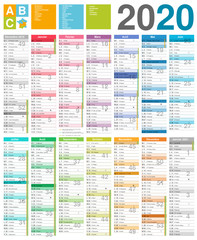 Obraz premium Calendrier 2020 14 mois avec vacances scolaires officielles entièrement modifiable via calques et texte arial 