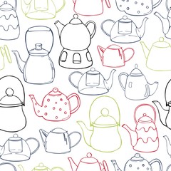 Naklejka premium Vector seamless pattern with hand drawn teapots.