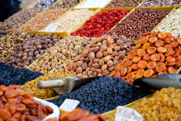 Dried fruits in bags on a traditional market in Bishkek Kyrgyzstan