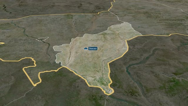 Dosso - department of Niger with its capital zoomed on the satellite map of the globe. Animation 3D