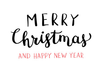 Christmas hand drawn lettering. Xmas calligraphy on white background. Christmas black and red lettering