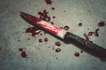 Bloody knife lies on a light background with dark red drops