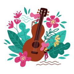 Young women near big guitar hand drawn character. Scandinavian style doodle decorative leaves, flowers. Music obsession metaphor flat cartoon illustration. Music festival promo banner, poster design