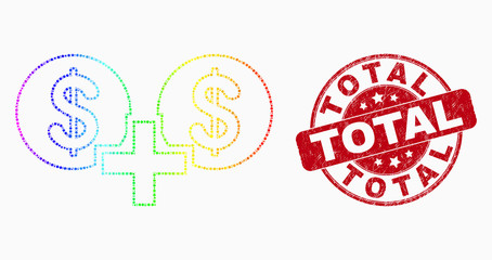 Dot spectral financial sum mosaic icon and Total seal stamp. Red vector rounded scratched seal with Total message. Vector composition in flat style.
