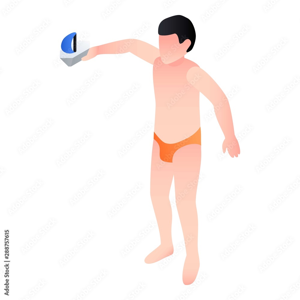 Poster boy take toy ship in pool icon. isometric of boy take toy ship in pool vector icon for web design is