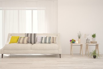 Stylish room in white color with sofa. Scandinavian interior design. 3D illustration