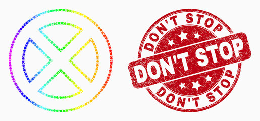 Pixel spectrum forbidden mosaic icon and Don'T Stop seal stamp. Red vector rounded textured seal stamp with Don'T Stop phrase. Vector combination in flat style.