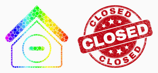 Obraz premium Dotted spectrum forbidden house mosaic icon and Closed seal stamp. Red vector rounded grunge seal stamp with Closed message. Vector composition in flat style.