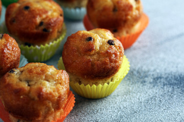 Chocolate muffin and nut muffin, homemade bakery on beautiful rustic background