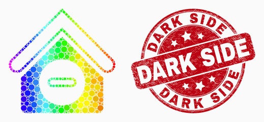 Pixelated rainbow gradiented forbidden house mosaic icon and Dark Side seal stamp. Red vector rounded distress stamp with Dark Side caption. Vector composition in flat style.