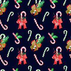 Festive winter seamless pattern with Christmas and New Year ornament. Watercolor hand painted candy canes with ribbons, pine tree branches, winter red berries, holly