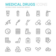 Collection of medical drugs related line icons. 48x48 Pixel Perfect. Editable stroke