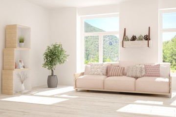 Stylish room in white color with sofa and summer landscape in window. Scandinavian interior design. 3D illustration