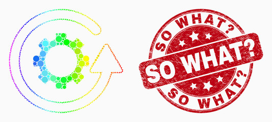 Dot rainbow gradiented gear rotation mosaic pictogram and So What? watermark. Red vector round distress seal with So What? title. Vector combination in flat style.