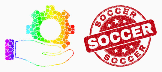Dotted rainbow gradiented gear service hand mosaic icon and Soccer seal. Red vector rounded scratched seal with Soccer caption. Vector combination in flat style.
