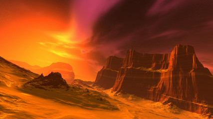 3D illustration of a fantastic mountain landscape on an alien planet.