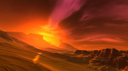 Fototapeta na wymiar Fantasy alien landscape on a desert planet. A burning sun in a dramatic starry sky. 3D illustration