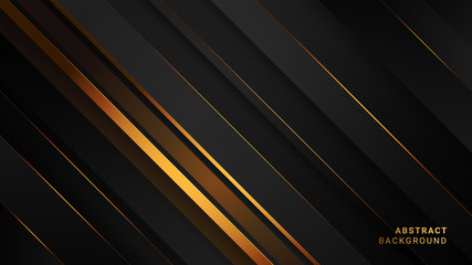 Abstract black background with gradient gold lines. Dark texture with diagonal stripes. Template for business and luxury design.