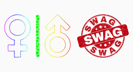 Dotted rainbow gradiented gender symbols mosaic pictogram and Swag stamp. Red vector rounded distress seal stamp with Swag text. Vector composition in flat style.