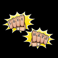 love and hate fists with tattoo isolated on black background. Fight for love concept illustration with fist punch