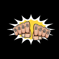 love and hate fists with tattoo isolated on black background. Fight for love concept illustration with fist punch