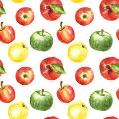 Watercolor red, green and yellow apples seamless pattern. Fresh ripe autumn seasonal fruits, isolated on white background. Fall harvest botanical print for design. Colorful healthy food illustration.