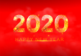 Happy Chinese New Year 2020 year. Low poly wireframe art on red background. Illustration in the form of a starry sky or space, consisting of points, lines, and shapes in the form of stars.Vector