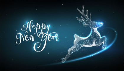 Obraz na płótnie Canvas Happy New Year 2020. Deer in style Low poly wireframe on blue background. Banner or postcard. Effect Starry sky. Illustration with connected dots and lines. vector wireframe mesh