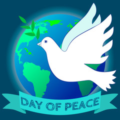 Fototapeta na wymiar International day of Peace illustration. Dove of Peace fly against globe silhouette