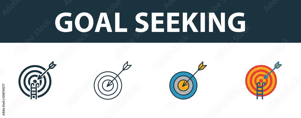 Poster goal seeking icon set. four elements in diferent styles from project management icons collection. cr