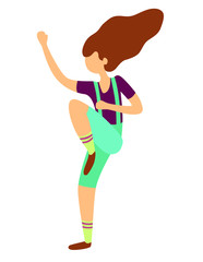 girl with long hair in overalls jumps and dances