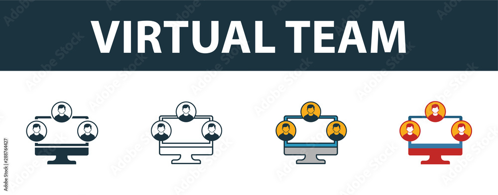 Poster virtual team icon set. four elements in diferent styles from project management icons collection. cr