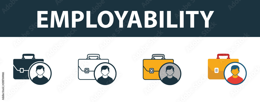 Poster employability icon set. four elements in diferent styles from project management icons collection. c