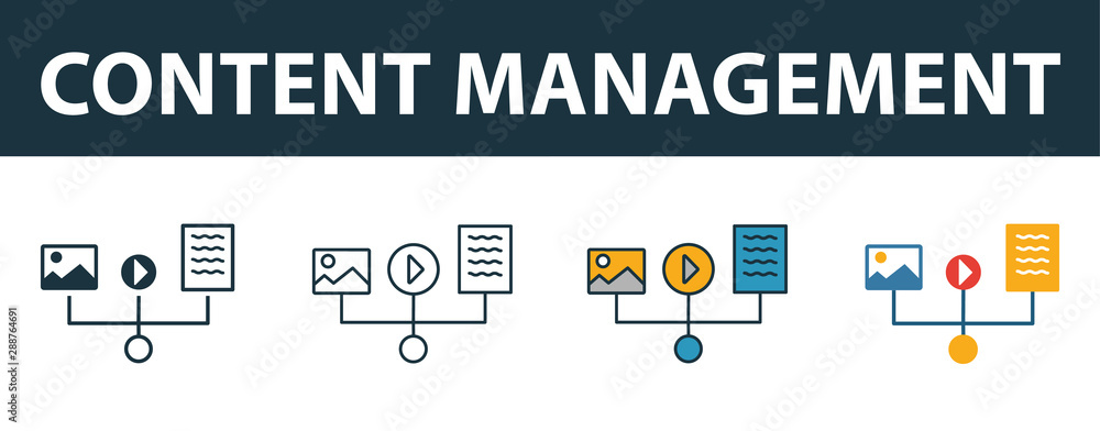 Poster content management icon set. four elements in diferent styles from project management icons collecti
