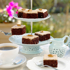 Walnut Chocolate Fancies in garden settings with coffee