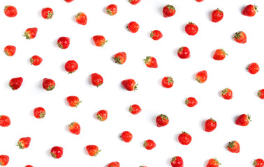 Fresh strawberry pattern on white background. Summer berries, flat lay. Strawberry isolated on white background top view