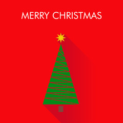Logotipo Merry Christmas con árbol abstracto con lineas zigzag con sombra en fondo rojo