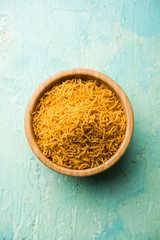 Aloo Bhujiya or Potato Bhujia also known as Namkeen sev. Popular Bikaneri recipe served in a bowl or plate. selective focus