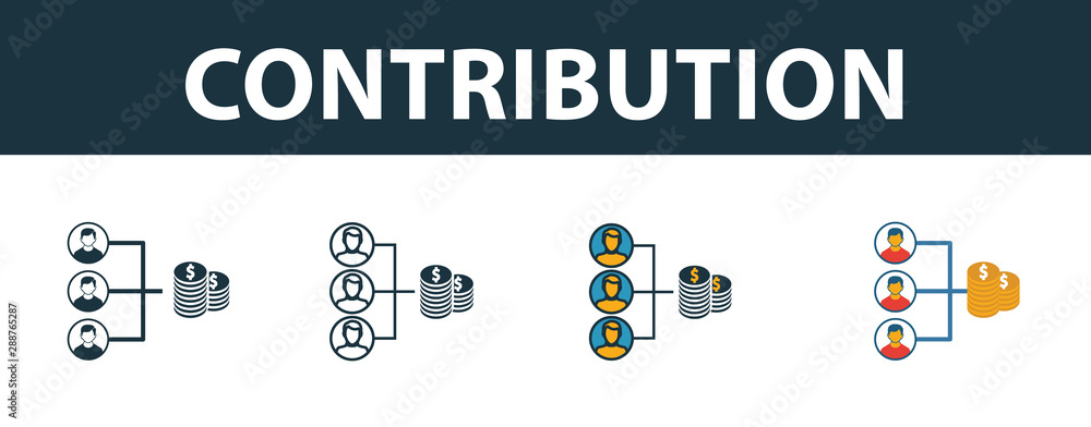 Poster contribution icon set. four elements in diferent styles from project management icons collection. cr