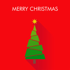 Logotipo con texto Merry Christmas con árbol abstracto en piezas con sombra en fondo rojo