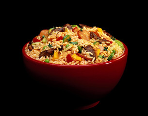 Gumbo in Red Bowl against balck background